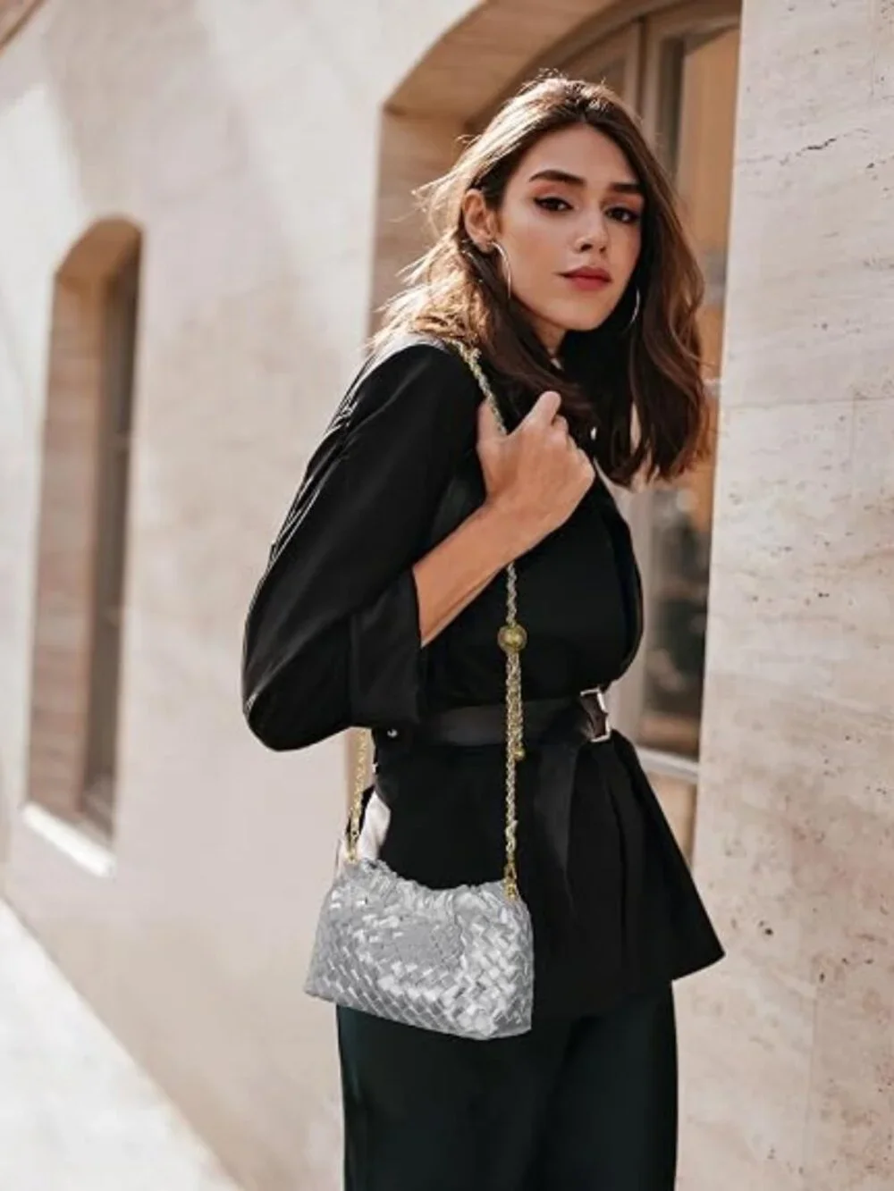 Woven Faux Leather Hobo Crossbody Bag with Detachable Strap